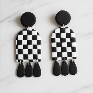 Checkered Arched Dangles - Handmade Earrings - Monochrome